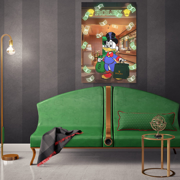 WANDBILD „Onkel Dagobert im Rolex-Shop“ – Acrylglas & Alu-Dibond | Exklusive und Moderne Pop-Art in Museumsqualität