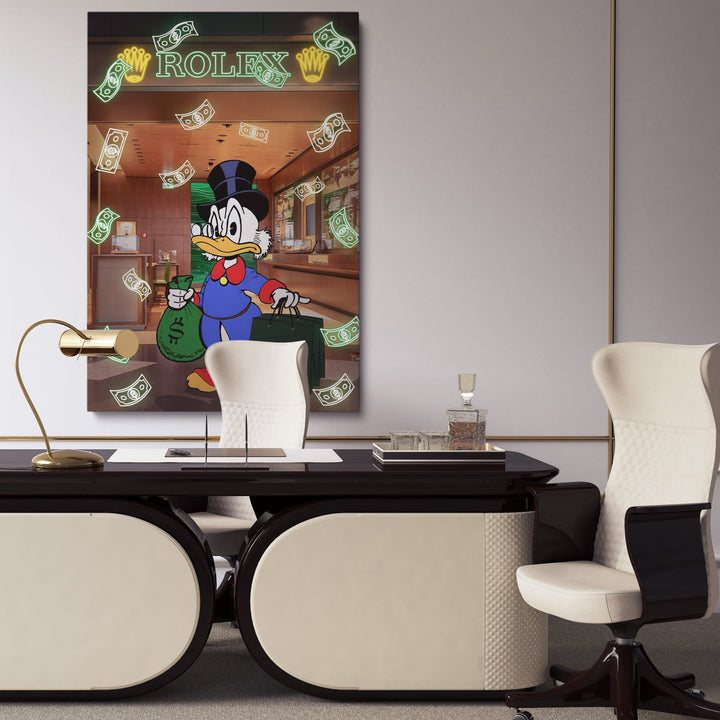 WANDBILD „Onkel Dagobert im Rolex-Shop“ – Acrylglas & Alu-Dibond | Exklusive und Moderne Pop-Art in Museumsqualität