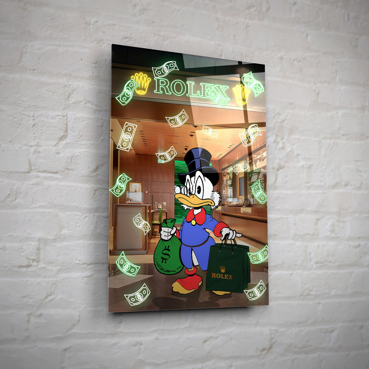 WANDBILD „Onkel Dagobert im Rolex-Shop“ – Acrylglas & Alu-Dibond | Exklusive und Moderne Pop-Art in Museumsqualität