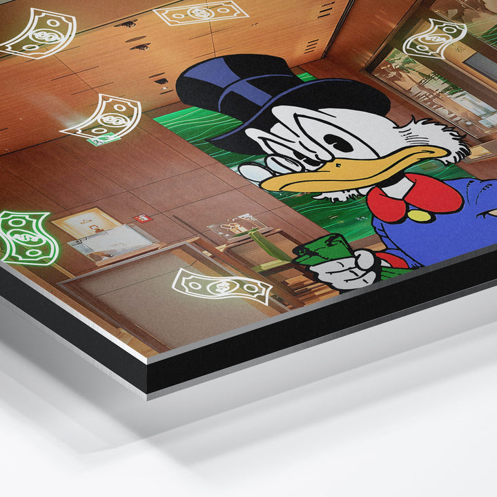 WANDBILD „Onkel Dagobert im Rolex-Shop“ – Acrylglas & Alu-Dibond | Exklusive und Moderne Pop-Art in Museumsqualität
