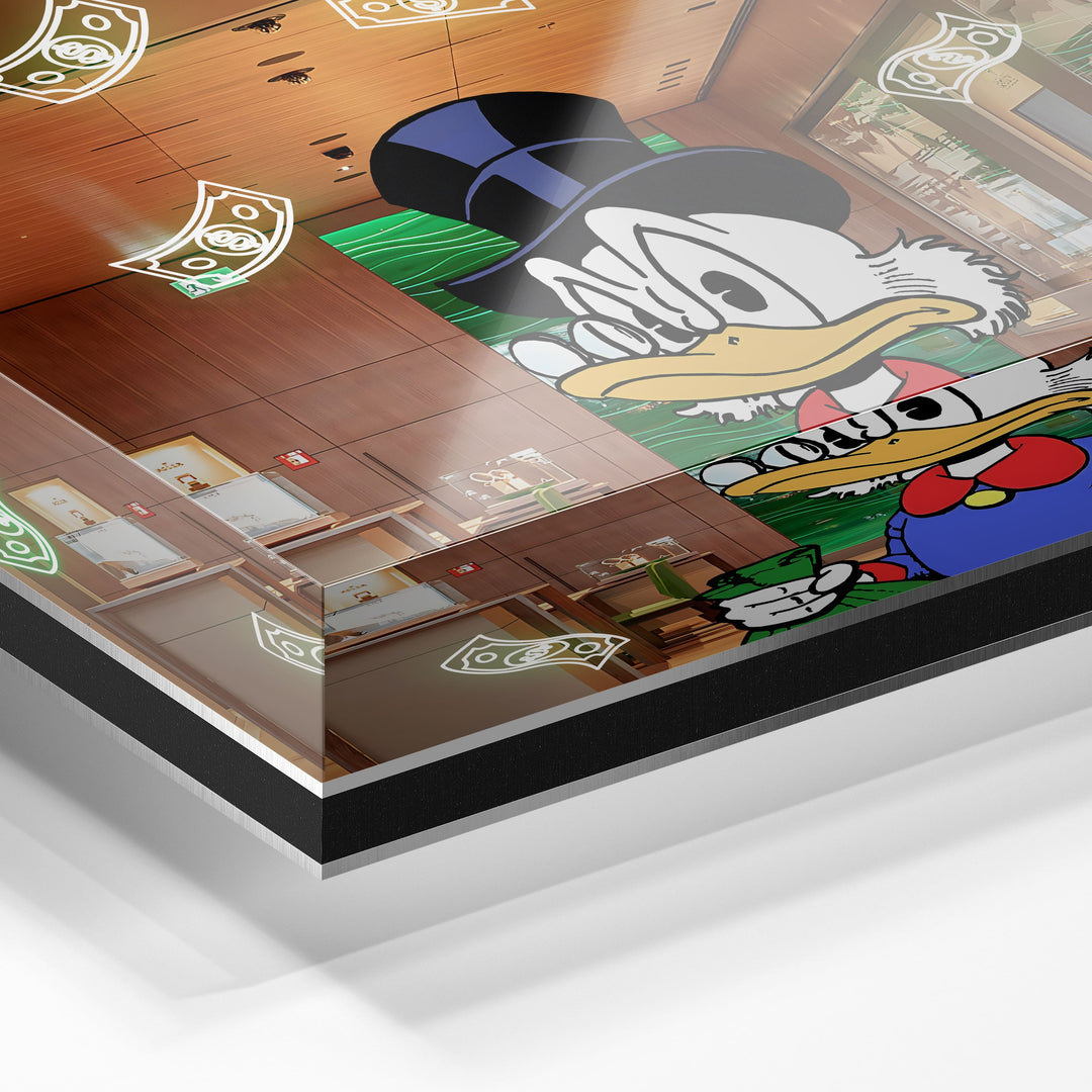 WANDBILD „Onkel Dagobert im Rolex-Shop“ – Acrylglas & Alu-Dibond | Exklusive und Moderne Pop-Art in Museumsqualität