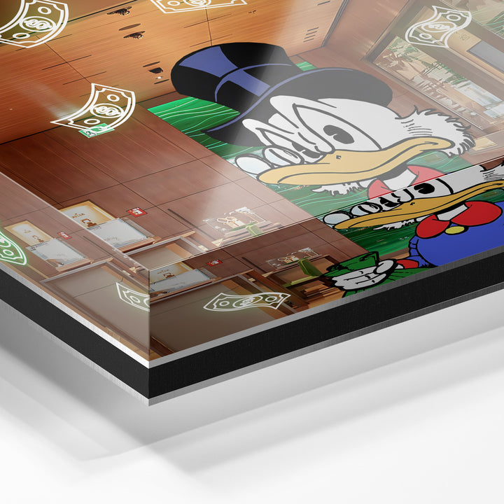 WANDBILD „Onkel Dagobert im Rolex-Shop“ – Acrylglas & Alu-Dibond | Exklusive und Moderne Pop-Art in Museumsqualität
