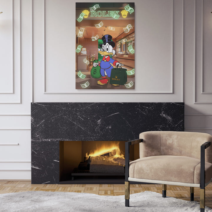 WANDBILD „Onkel Dagobert im Rolex-Shop“ – Acrylglas & Alu-Dibond | Exklusive und Moderne Pop-Art in Museumsqualität