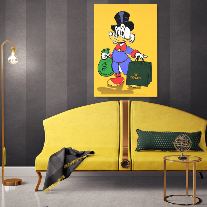 WANDBILD „Reicher Onkel Dagobert“ – Acrylglas & Alu-Dibond | Exklusive und Moderne Pop-Art in Museumsqualität