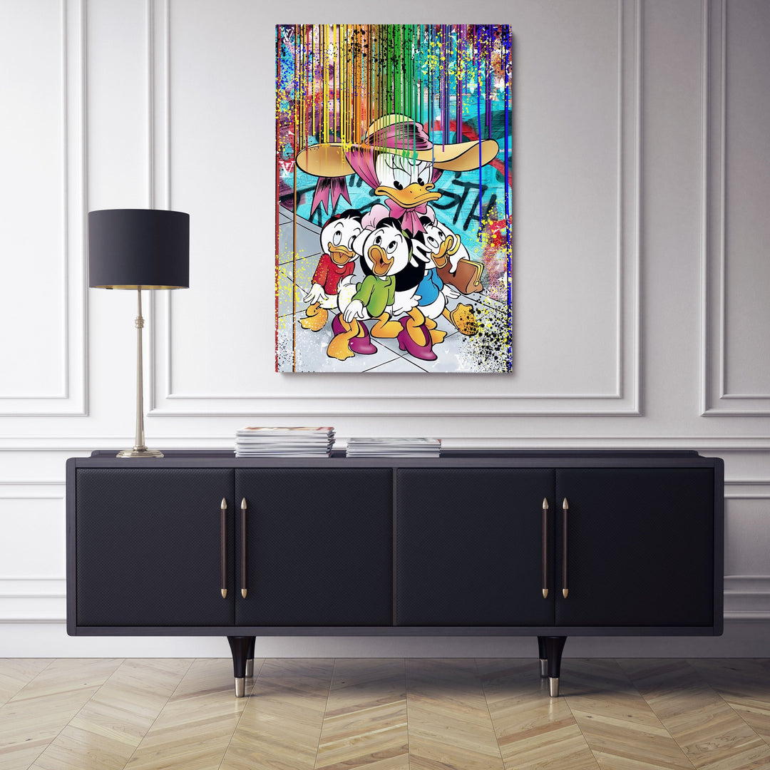 WANDBILD „Bunte Entenfamilie“ – Acrylglas & Alu-Dibond | Exklusive und Moderne Pop-Art in Museumsqualität