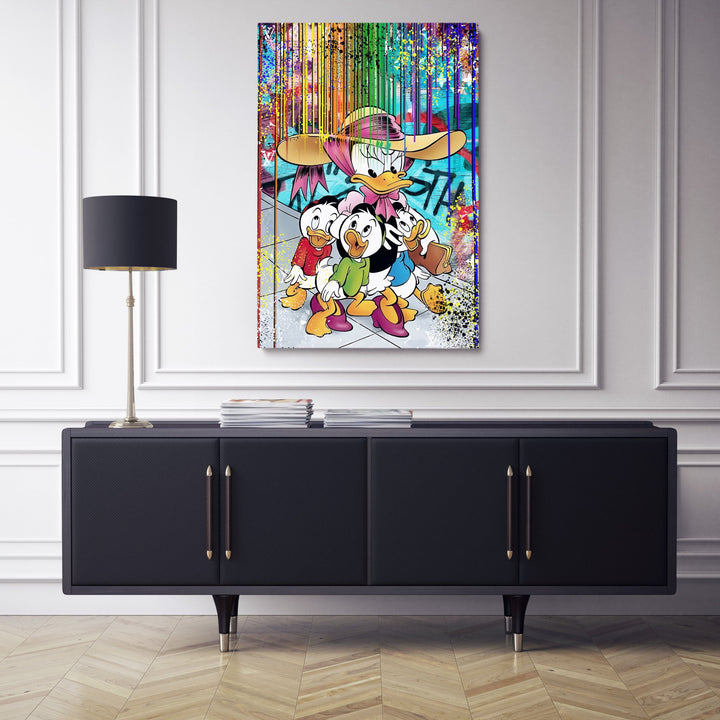 WANDBILD „Bunte Entenfamilie“ – Acrylglas & Alu-Dibond | Exklusive und Moderne Pop-Art in Museumsqualität