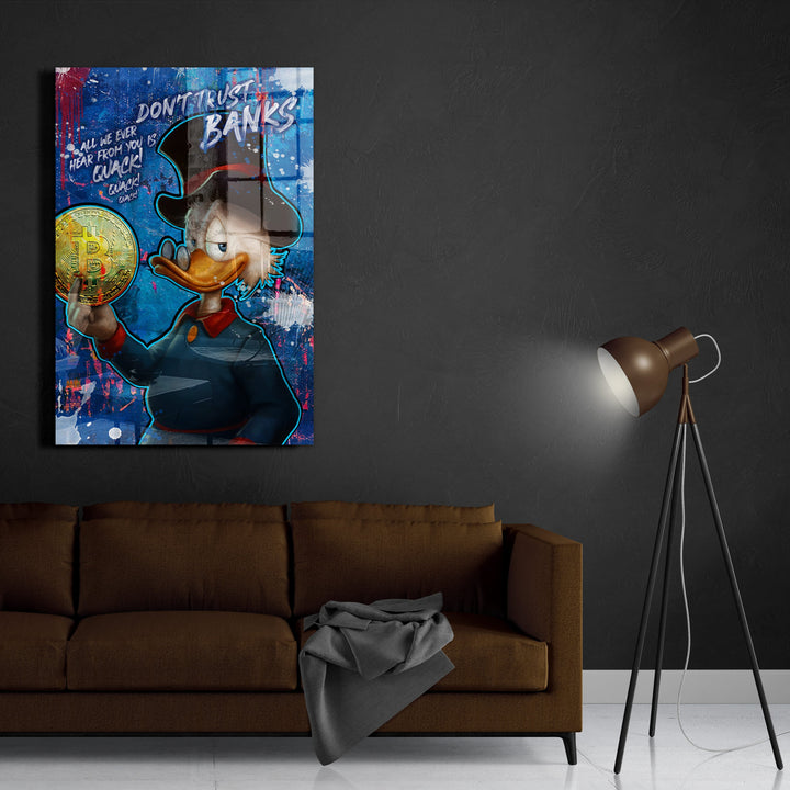 WANDBILD „Glaub nicht den Banken“ – Acrylglas & Alu-Dibond | Exklusive und Moderne Pop-Art in Museumsqualität