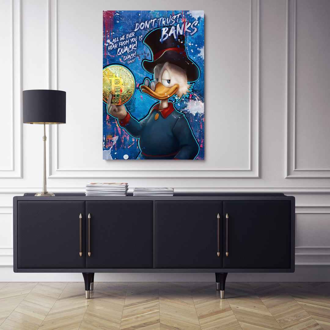 WANDBILD „Glaub nicht den Banken“ – Acrylglas & Alu-Dibond | Exklusive und Moderne Pop-Art in Museumsqualität