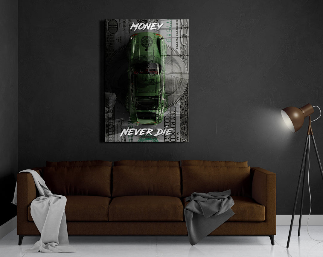 WANDBILD „Money Never Die“ – Acrylglas & Alu-Dibond | Exklusive und Moderne Pop-Art in Museumsqualität