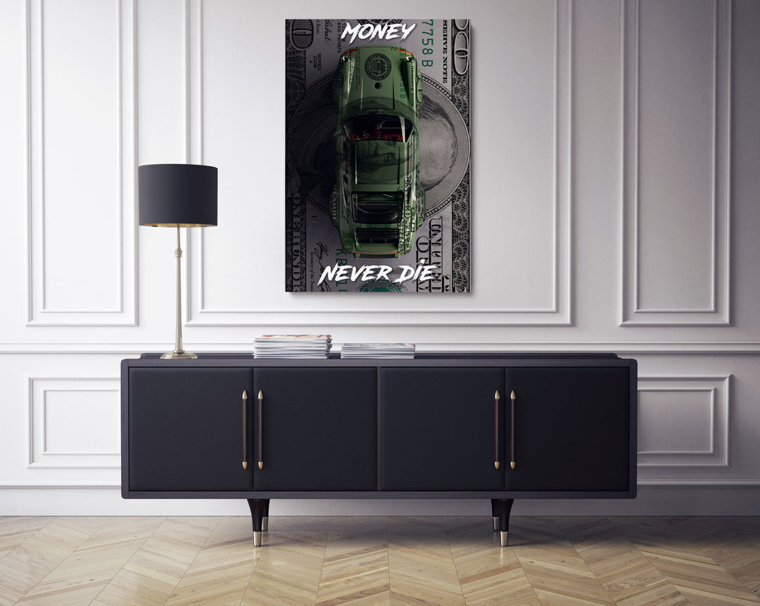 WANDBILD „Money Never Die“ – Acrylglas & Alu-Dibond | Exklusive und Moderne Pop-Art in Museumsqualität