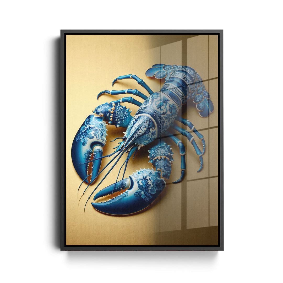 WANDBILD „Blauer Hummer im Delfter Blue Stil“ – Acrylglas & Alu-Dibond | Exklusive und Moderne Kunst in Museumsqualität