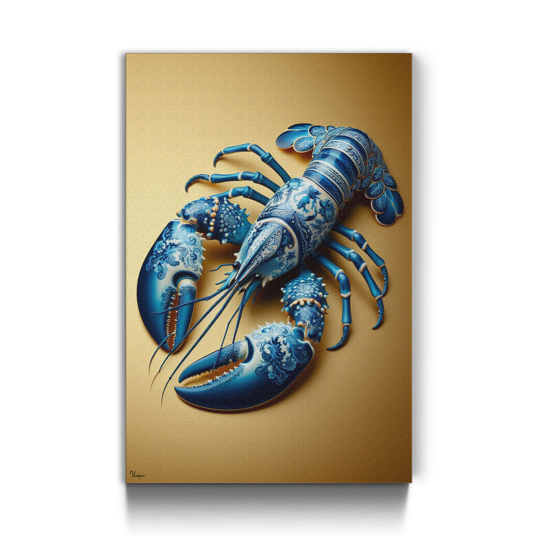 WANDBILD „Blauer Hummer im Delfter Blue Stil“ – Acrylglas & Alu-Dibond | Exklusive und Moderne Kunst in Museumsqualität