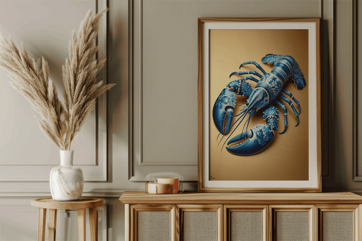 WANDBILD „Blauer Hummer im Delfter Blue Stil“ – Acrylglas & Alu-Dibond | Exklusive und Moderne Kunst in Museumsqualität