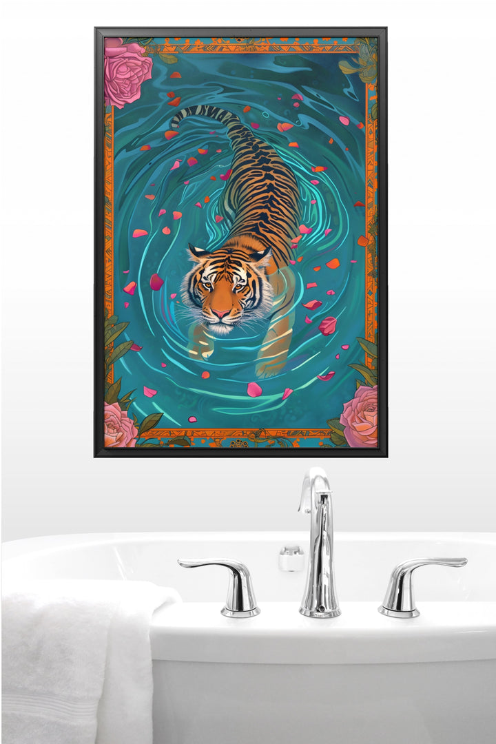 WANDBILD „Tiger im Rosenblütenwasser“ – Acrylglas & Alu-Dibond | Exklusive und Moderne Kunst in Museumsqualität