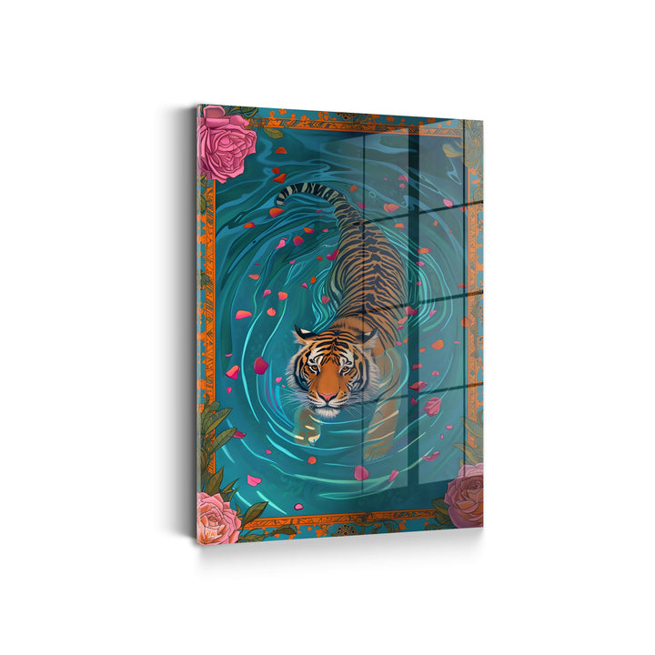 WANDBILD „Tiger im Rosenblütenwasser“ – Acrylglas & Alu-Dibond | Exklusive und Moderne Kunst in Museumsqualität
