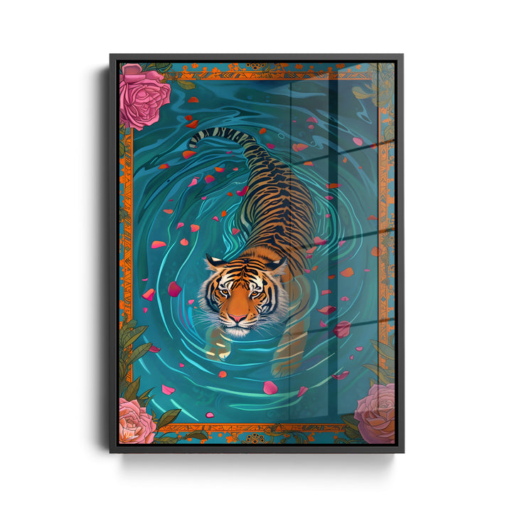 WANDBILD „Tiger im Rosenblütenwasser“ – Acrylglas & Alu-Dibond | Exklusive und Moderne Kunst in Museumsqualität