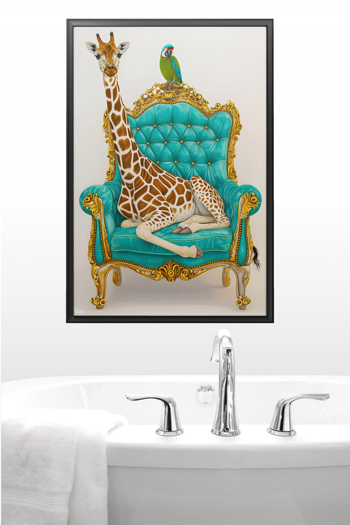 WANDBILD „Giraffe auf dem Thron mit Papagei“ – Acrylglas & Alu-Dibond | Exklusive und Moderne Kunst in Museumsqualität