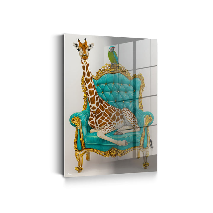 WANDBILD „Giraffe auf dem Thron mit Papagei“ – Acrylglas & Alu-Dibond | Exklusive und Moderne Kunst in Museumsqualität