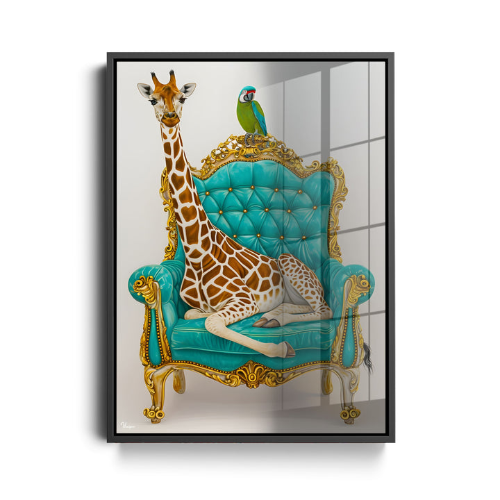 WANDBILD „Giraffe auf dem Thron mit Papagei“ – Acrylglas & Alu-Dibond | Exklusive und Moderne Kunst in Museumsqualität
