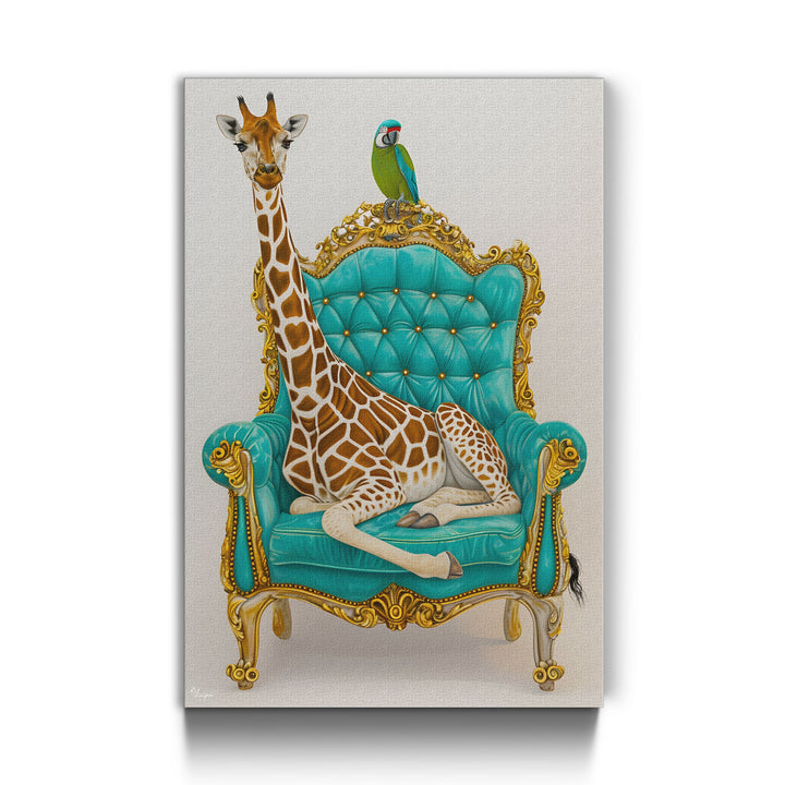 WANDBILD „Giraffe auf dem Thron mit Papagei“ – Acrylglas & Alu-Dibond | Exklusive und Moderne Kunst in Museumsqualität