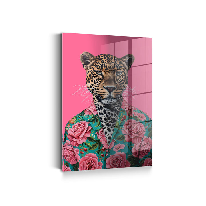 WANDBILD „Leopard mit Blumenhemd“ – Acrylglas & Alu-Dibond | Exklusive und Moderne Kunst in Museumsqualität