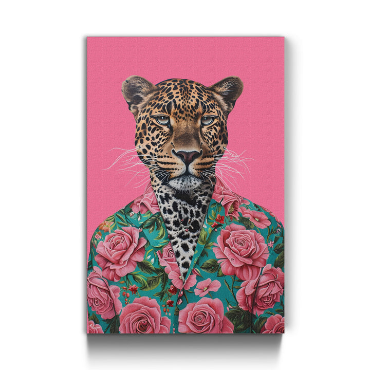 WANDBILD „Leopard mit Blumenhemd“ – Acrylglas & Alu-Dibond | Exklusive und Moderne Kunst in Museumsqualität