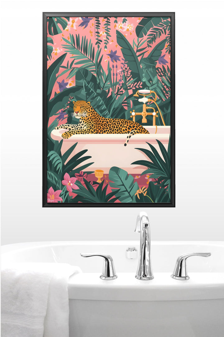 WANDBILD „Dschungelbad mit Leopard“ – Acrylglas & Alu-Dibond | Exklusive und Moderne Kunst in Museumsqualität