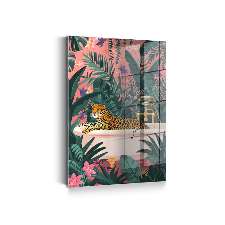 WANDBILD „Dschungelbad mit Leopard“ – Acrylglas & Alu-Dibond | Exklusive und Moderne Kunst in Museumsqualität