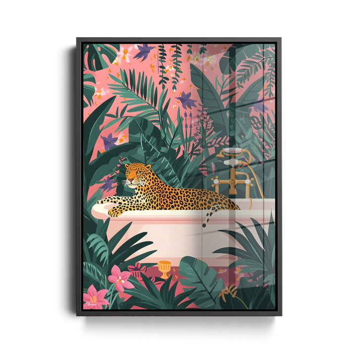WANDBILD „Dschungelbad mit Leopard“ – Acrylglas & Alu-Dibond | Exklusive und Moderne Kunst in Museumsqualität