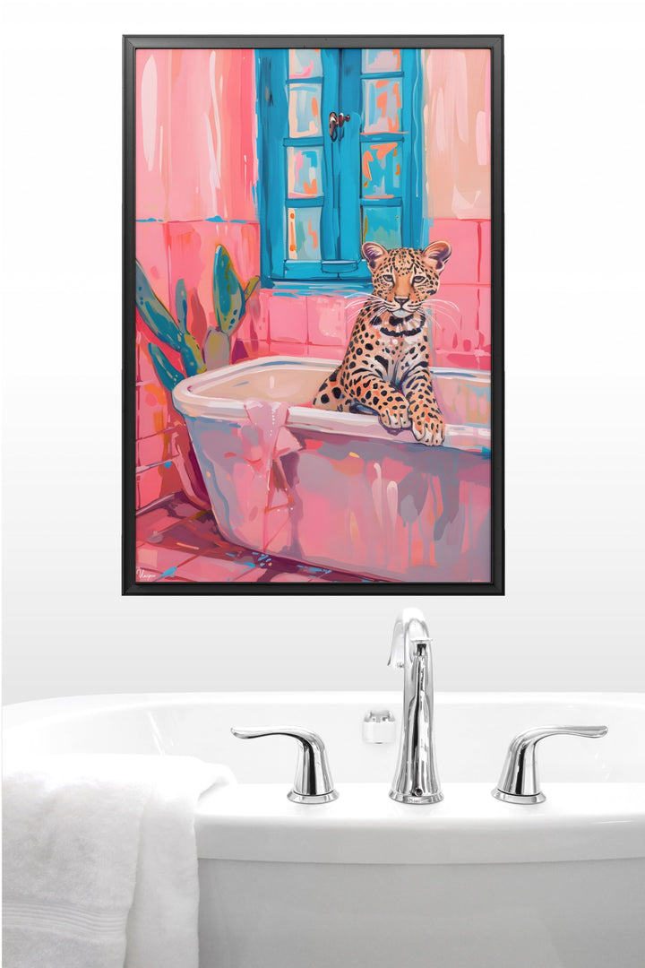 WANDBILD „Bunter Badegenuss mit Leopard“ – Acrylglas & Alu-Dibond | Exklusive und Moderne Kunst in Museumsqualität