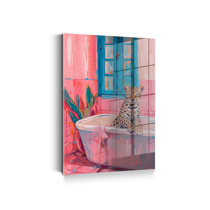 WANDBILD „Bunter Badegenuss mit Leopard“ – Acrylglas & Alu-Dibond | Exklusive und Moderne Kunst in Museumsqualität