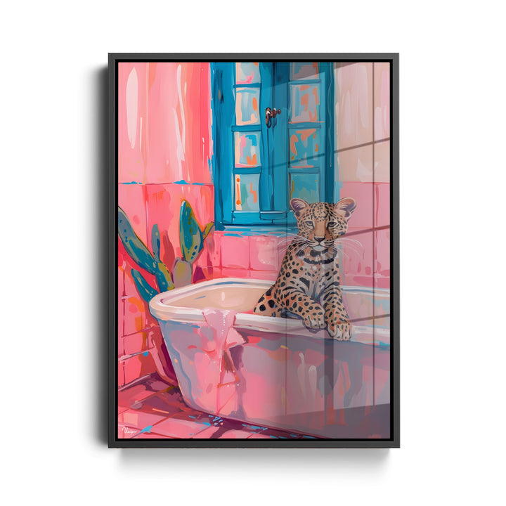 WANDBILD „Bunter Badegenuss mit Leopard“ – Acrylglas & Alu-Dibond | Exklusive und Moderne Kunst in Museumsqualität