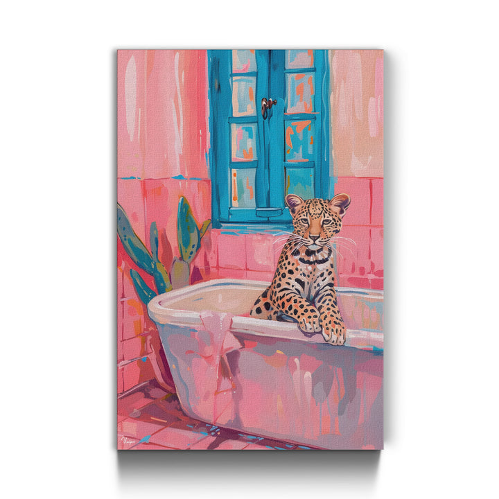 WANDBILD „Bunter Badegenuss mit Leopard“ – Acrylglas & Alu-Dibond | Exklusive und Moderne Kunst in Museumsqualität