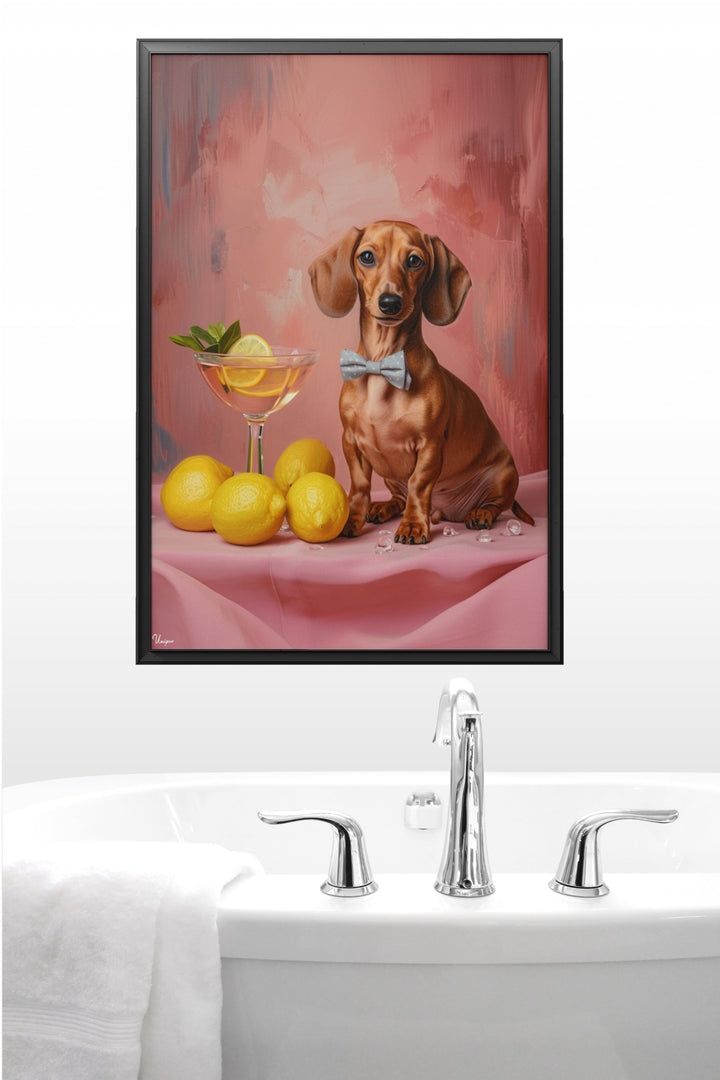 WANDBILD „Dackel mit Cocktail“ – Acrylglas & Alu-Dibond | Exklusive und Moderne Kunst in Museumsqualität