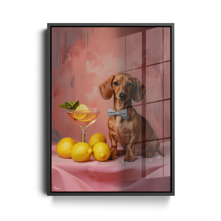 WANDBILD „Dackel mit Cocktail“ – Acrylglas & Alu-Dibond | Exklusive und Moderne Kunst in Museumsqualität