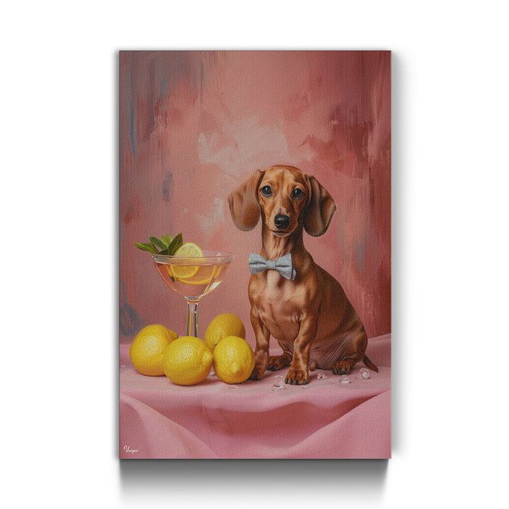 WANDBILD „Dackel mit Cocktail“ – Acrylglas & Alu-Dibond | Exklusive und Moderne Kunst in Museumsqualität