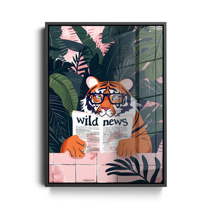 WANDBILD „Tiger mit Zeitung“ – Acrylglas & Alu-Dibond | Exklusive und Moderne Kunst in Museumsqualität