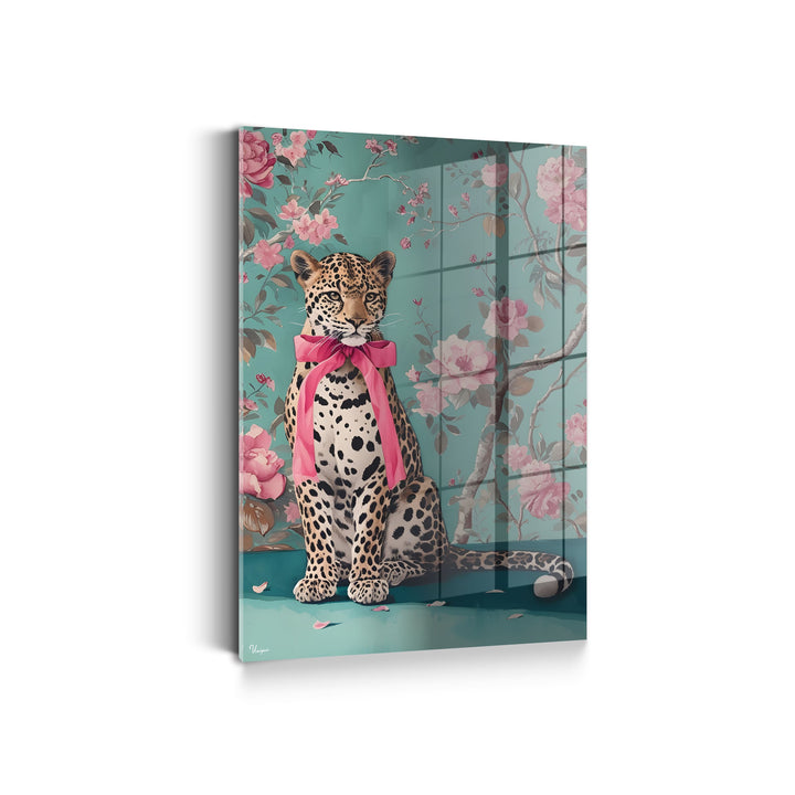 WANDBILD „Leopard mit Schleife“ – Acrylglas & Alu-Dibond | Exklusive und Moderne Kunst in Museumsqualität