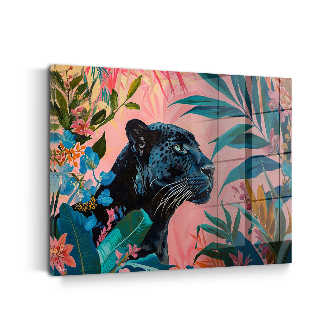 WANDBILD „Majestätischer Panther im Tropenparadies“ – Acrylglas & Alu-Dibond | Exklusive und Moderne Kunst in Museumsqualität