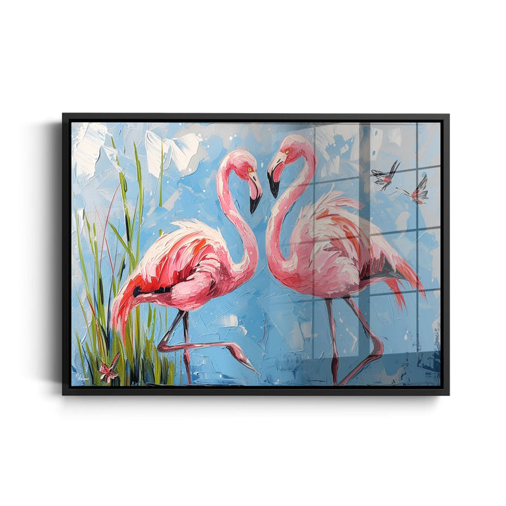 WANDBILD „Flamingotanz im Sonnenlicht“ – Acrylglas & Alu-Dibond | Exklusive und Moderne Kunst in Museumsqualität