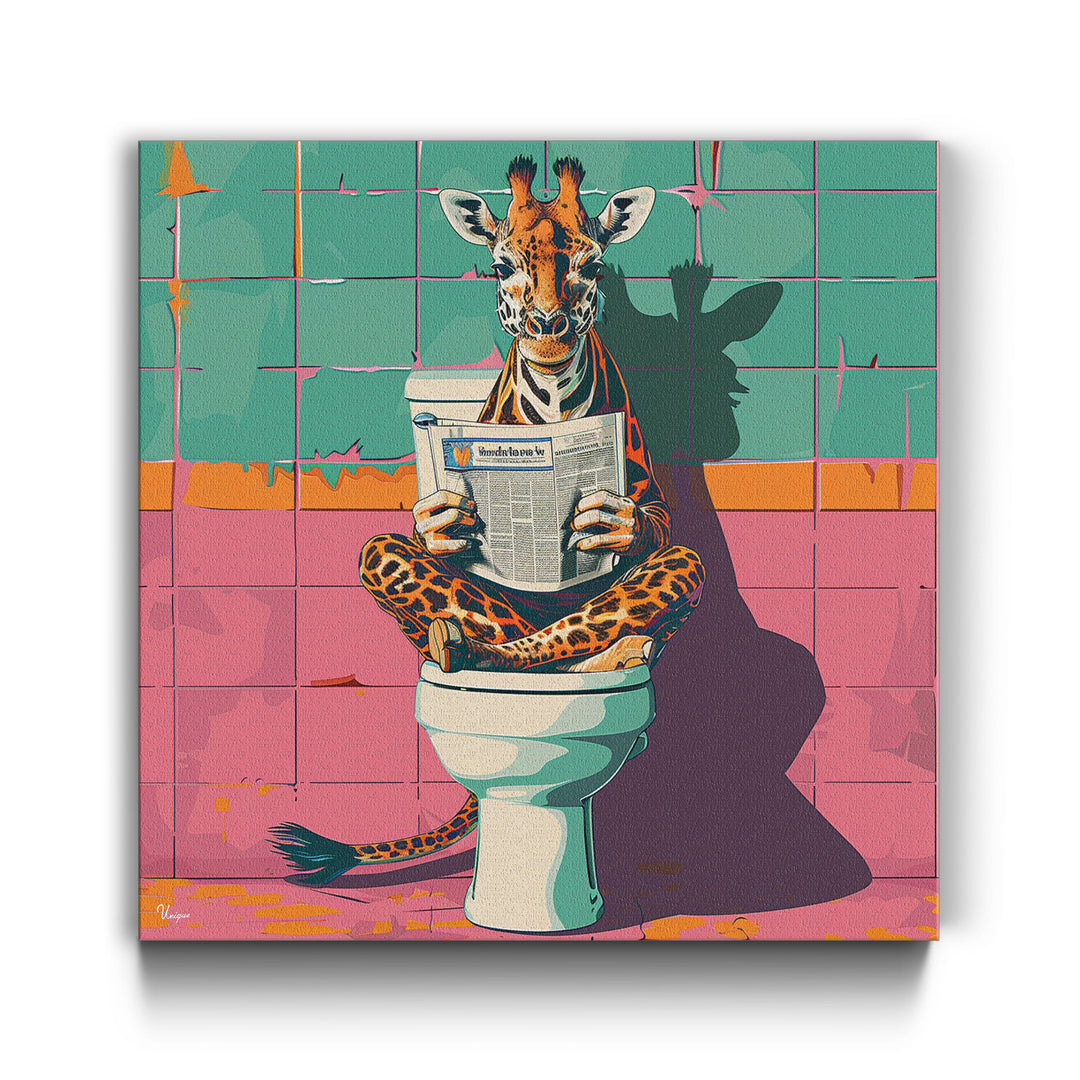 WANDBILD „Toilettenlektüre mit Giraffe“ – Acrylglas & Alu-Dibond | Exklusive und Moderne Kunst in Museumsqualität