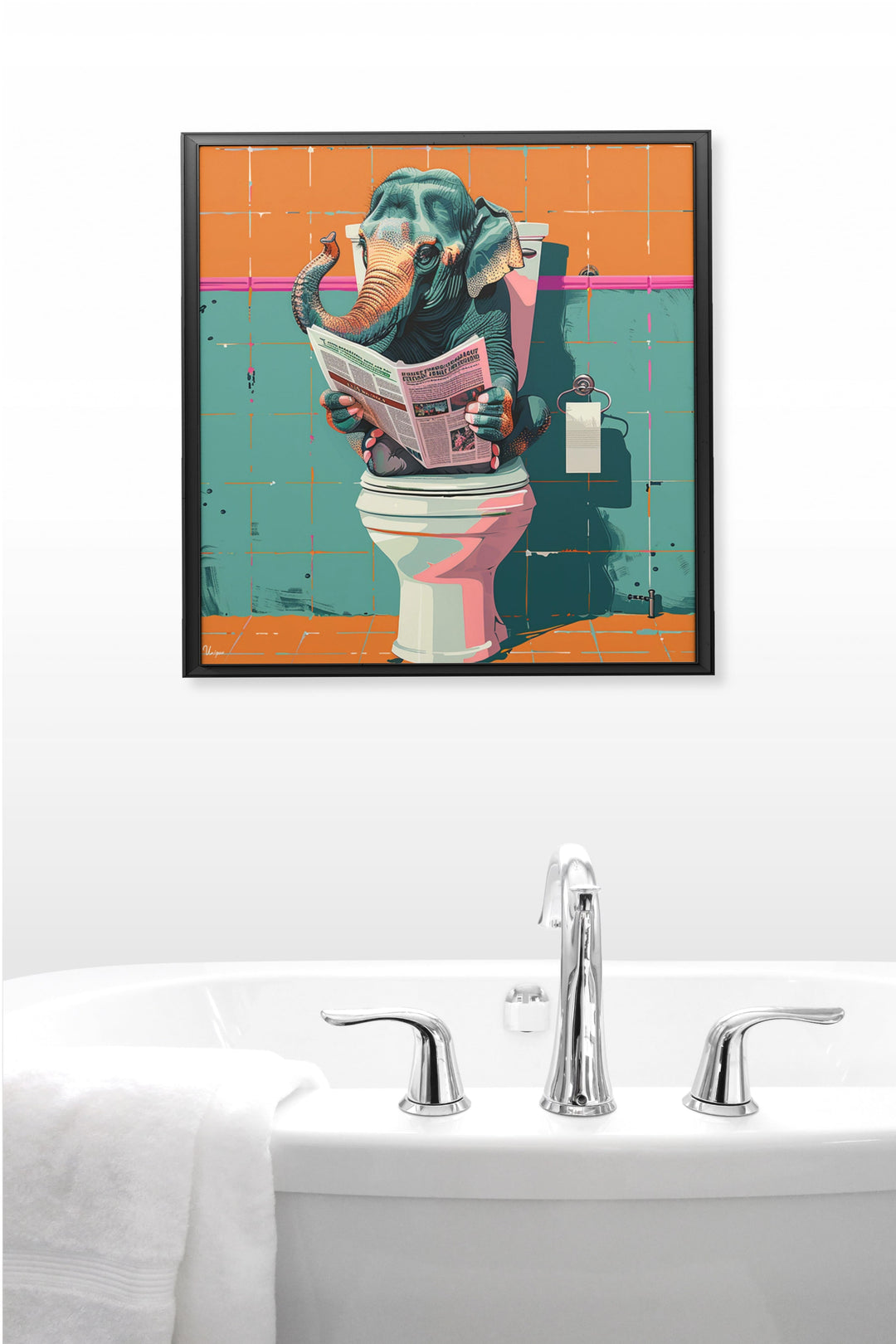 WANDBILD „Toilettenlektüre mit Elefant“ – Acrylglas & Alu-Dibond | Exklusive und Moderne Kunst in Museumsqualität