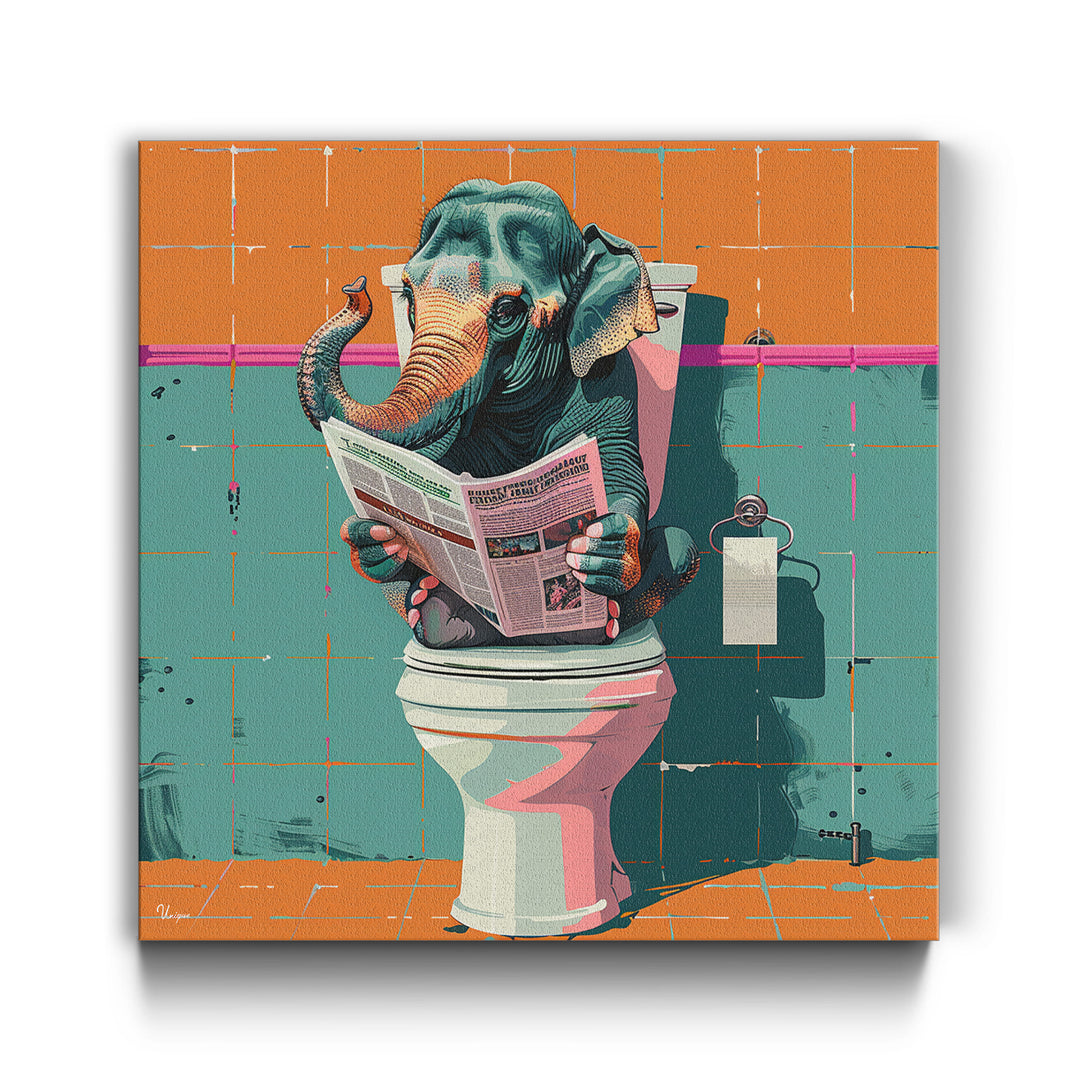 WANDBILD „Toilettenlektüre mit Elefant“ – Acrylglas & Alu-Dibond | Exklusive und Moderne Kunst in Museumsqualität