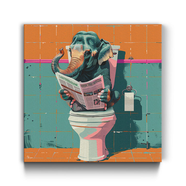 WANDBILD „Toilettenlektüre mit Elefant“ – Acrylglas & Alu-Dibond | Exklusive und Moderne Kunst in Museumsqualität