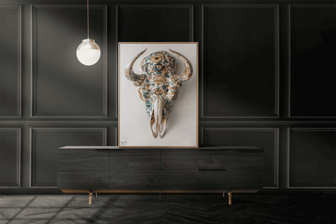 WANDBILD "Porzellan-Stierschädel mit floralen Motiven – Delfter Blue Stil" – Acrylglas & Alu-Dibond | Exklusive Limitierte und Moderne Kunst | 1 von 50 Weltweit in Museumsqualität
