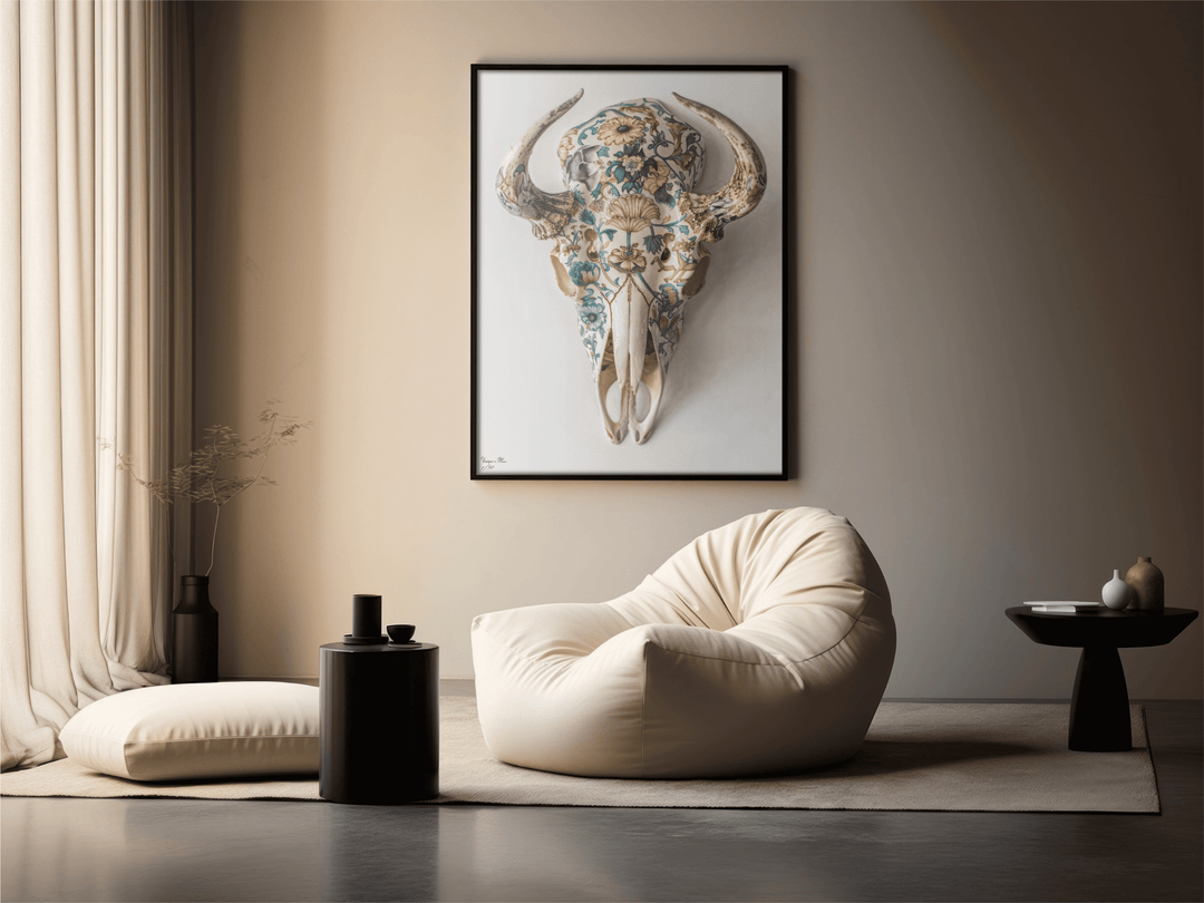 WANDBILD "Porzellan-Stierschädel mit floralen Motiven – Delfter Blue Stil" – Acrylglas & Alu-Dibond | Exklusive Limitierte und Moderne Kunst | 1 von 50 Weltweit in Museumsqualität