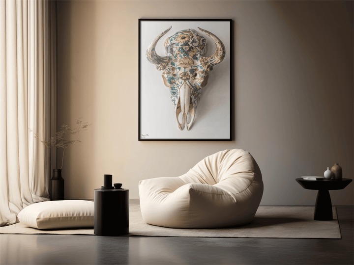 WANDBILD "Porzellan-Stierschädel mit floralen Motiven – Delfter Blue Stil" – Acrylglas & Alu-Dibond | Exklusive Limitierte und Moderne Kunst | 1 von 50 Weltweit in Museumsqualität