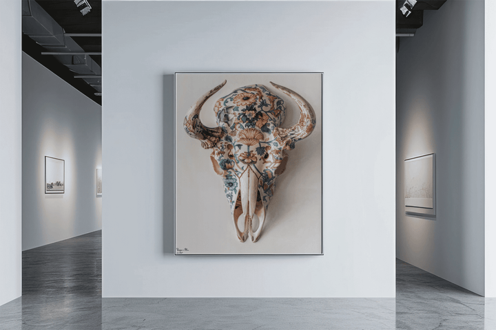 WANDBILD "Porzellan-Stierschädel mit floralen Motiven – Delfter Blue Stil" – Acrylglas & Alu-Dibond | Exklusive Limitierte und Moderne Kunst | 1 von 50 Weltweit in Museumsqualität