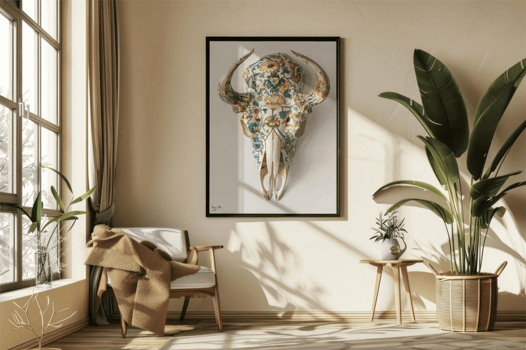WANDBILD "Porzellan-Stierschädel mit floralen Motiven – Delfter Blue Stil" – Acrylglas & Alu-Dibond | Exklusive Limitierte und Moderne Kunst | 1 von 50 Weltweit in Museumsqualität