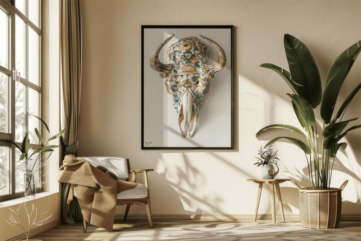 WANDBILD "Porzellan-Stierschädel mit floralen Motiven – Delfter Blue Stil" – Acrylglas & Alu-Dibond | Exklusive Limitierte und Moderne Kunst | 1 von 50 Weltweit in Museumsqualität